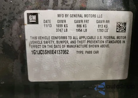 2014 Chevrolet Sonic Lt from USA, damaged, VIN 1G1JC5SH8E4137062